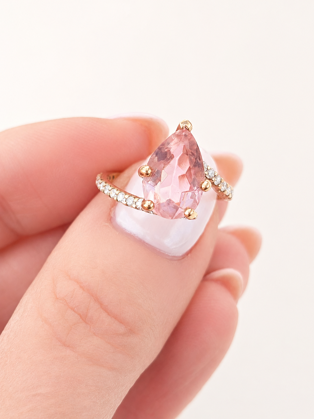 10k-pear-shaped-rose-gold-morganite-and-moissanite-halo-cocktail-statement-ring-unique-bespoke-handmade-lena-divine-love-soft-radiance-eterling