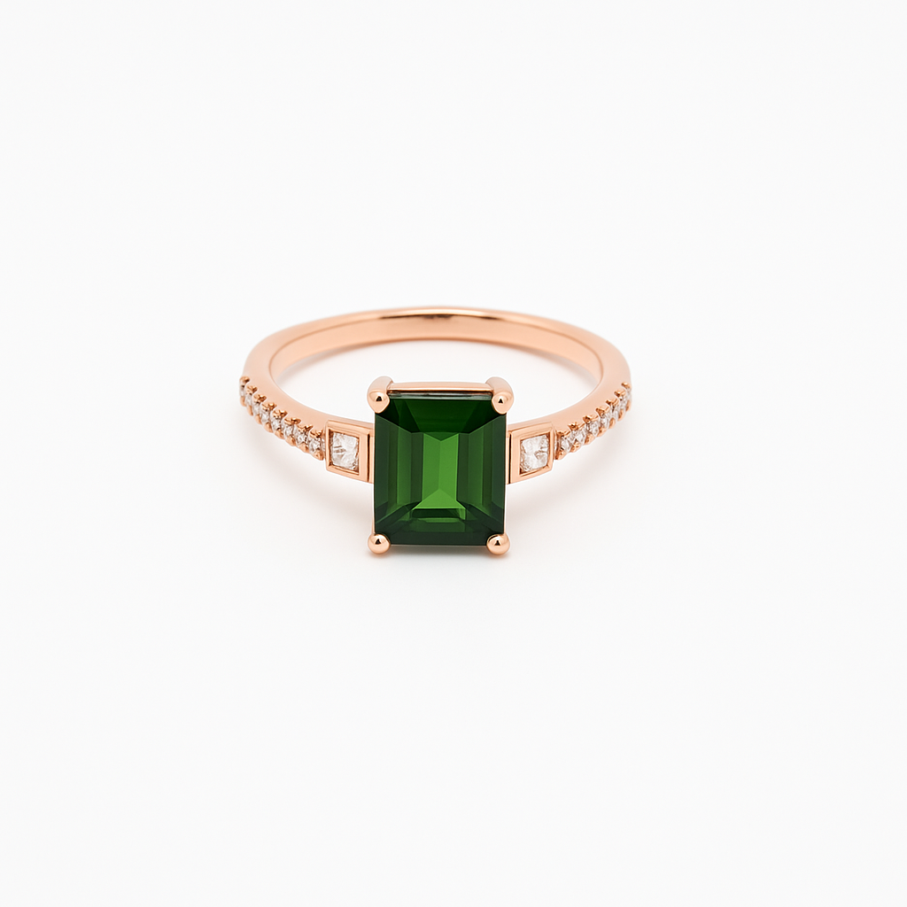 Green-tourmaline-rose-gold-emerald-cut-moissanite-solitaire-engagement-ring