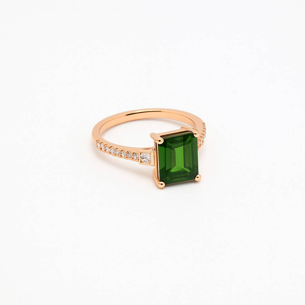 Green-tourmaline-rose-gold-emerald-cut-moissanite-solitaire-engagement-ring-2