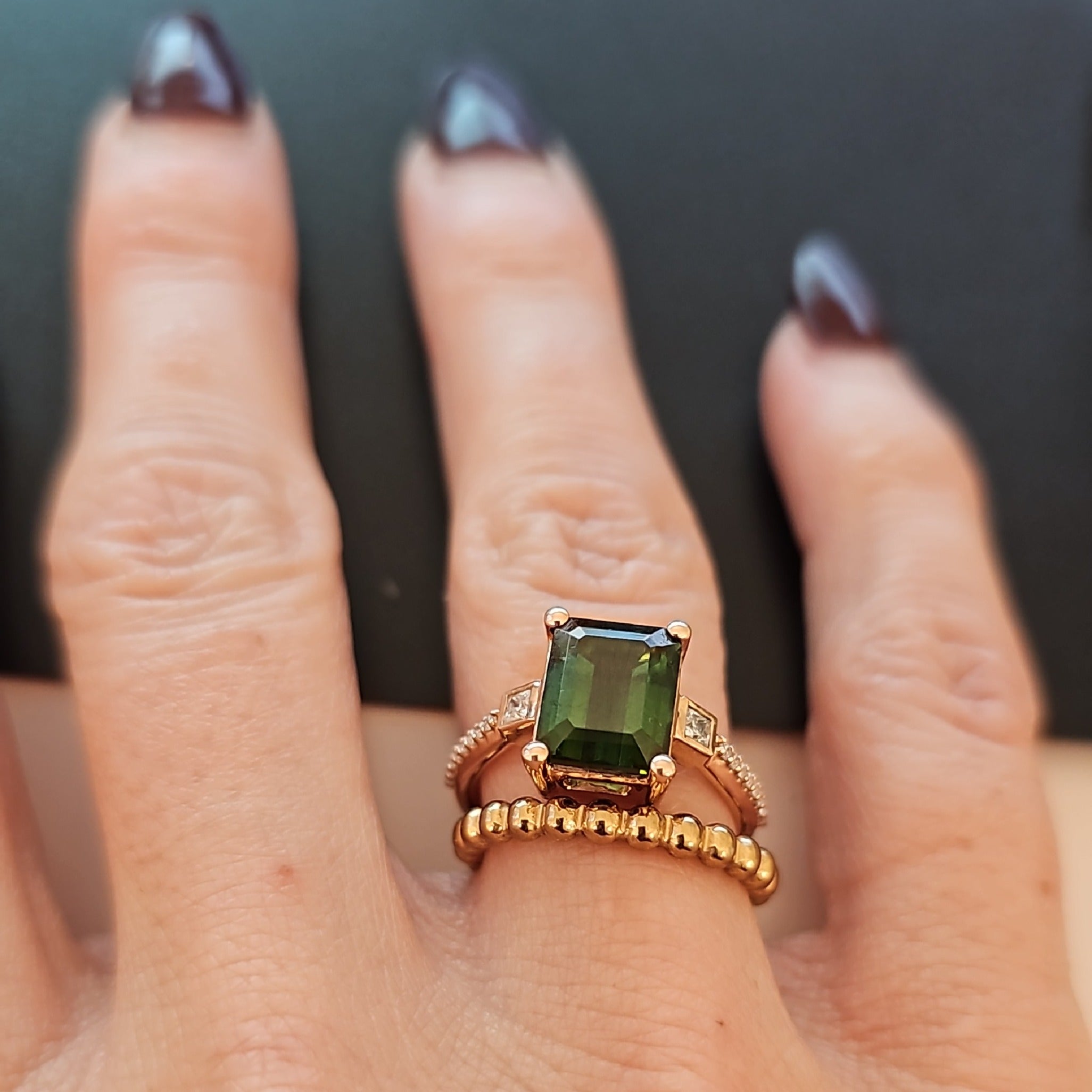 Green-tourmaline-rose-gold-emerald-cut-moissanite-solitaire-engagement-ring