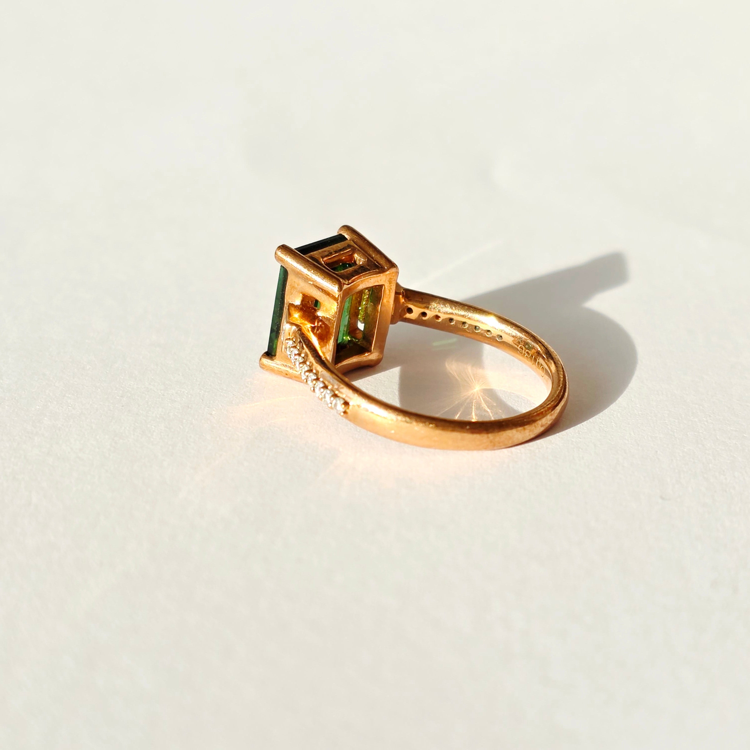 Green-tourmaline-rose-gold-emerald-cut-moissanite-solitaire-engagement-ring-7