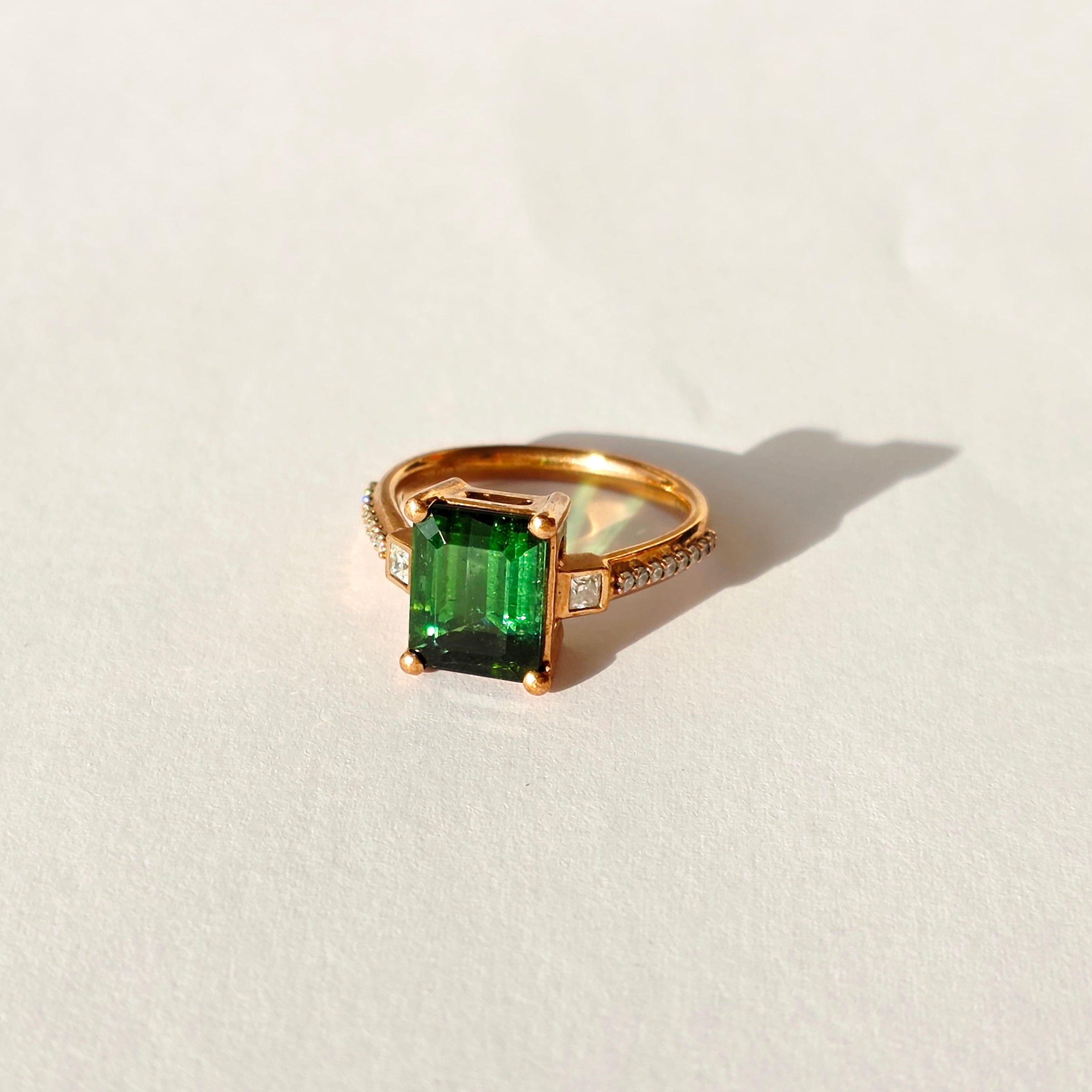 Green-tourmaline-rose-gold-emerald-cut-moissanite-solitaire-engagement-ring-7