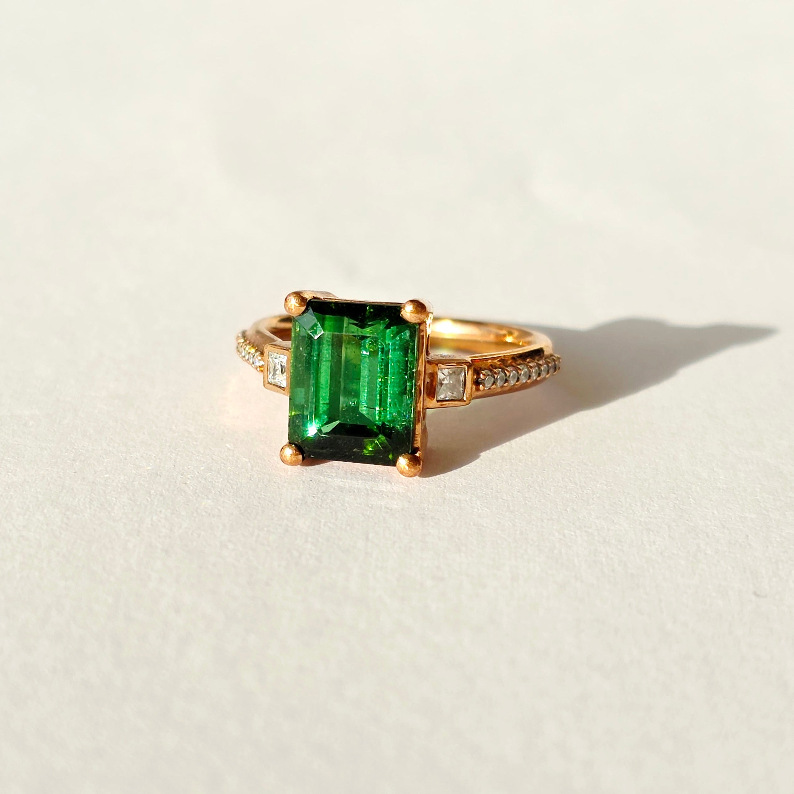 Green-tourmaline-rose-gold-emerald-cut-moissanite-solitaire-engagement-ring-7
