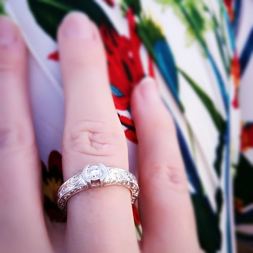 classic gold diamond bezel set solitaire engagement ring handmade engraving