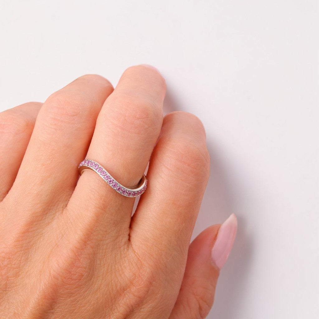 Pink-sapphire-white-gold-wave-style-half-eternity-ring-wedding-coctail-modern-accessory-gift-for-her-handmade-statement-piece-5