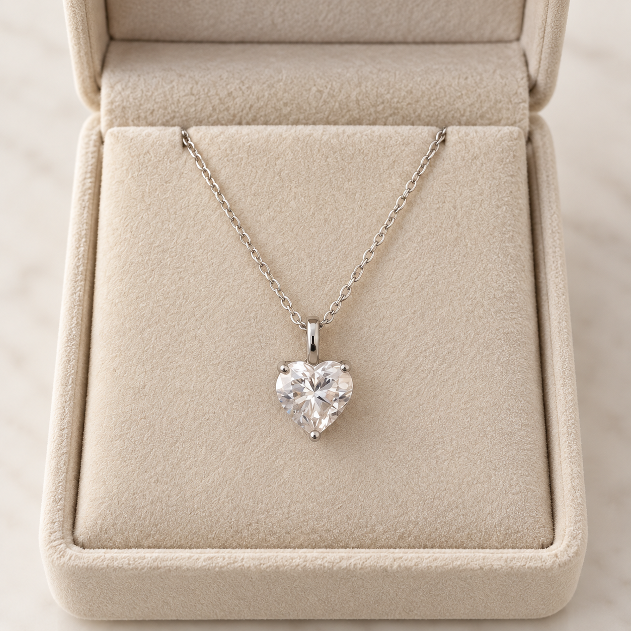 A heart-shaped clear moissanite gemstone pendant necklace on a silver chain, displayed inside an open beige jewelry box.