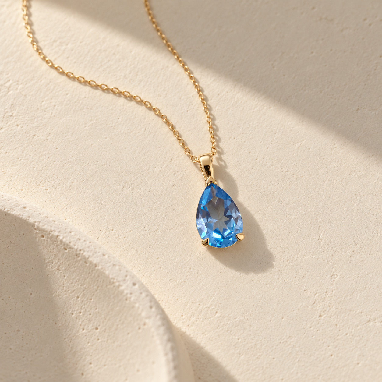 A gold chain necklace with a teardrop-shaped blue topaz gemstone pendant, displayed on a textured beige surface with soft shadows.