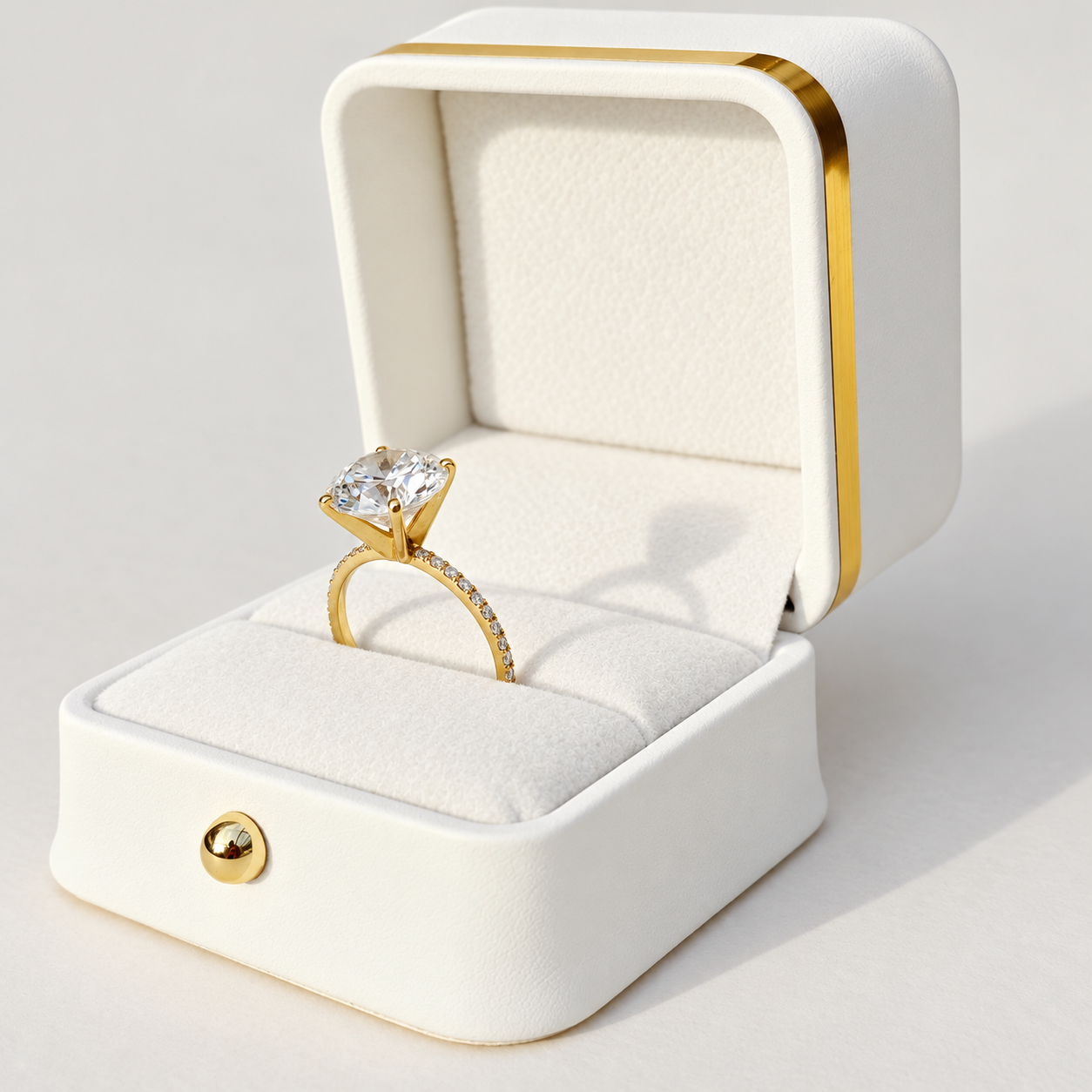 A yellow gold solitaire engagement ring with a large round brilliant-cut clear 4ct diamond center stone and a pavé-set diamond band, photographed on a clean white background with a soft shadow.