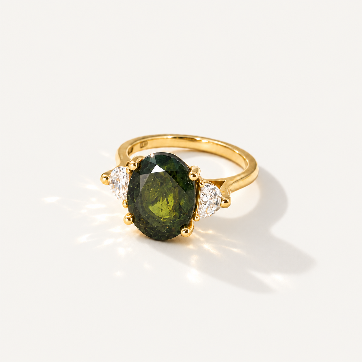 Maeve handmade 14k yellow gold ring with a 4.45ct oval green tourmaline, two half-moon lab-grown diamonds and small diamond accents.