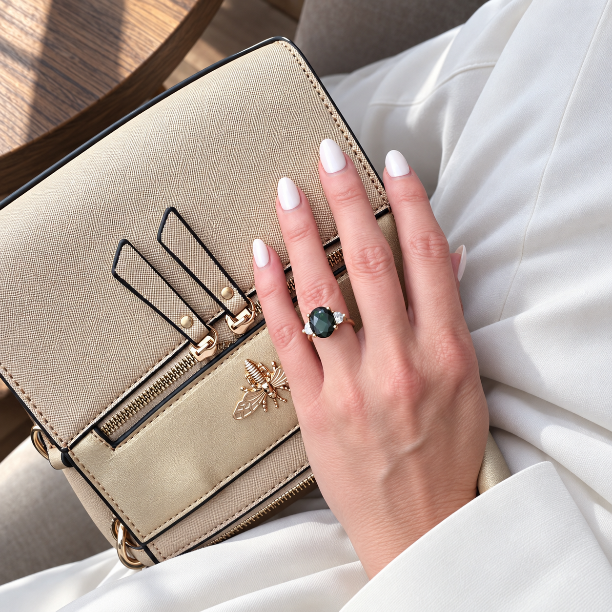 Maeve handmade 14k yellow gold ring with a 4.45ct oval green tourmaline, two half-moon lab-grown diamonds and small diamond accents.