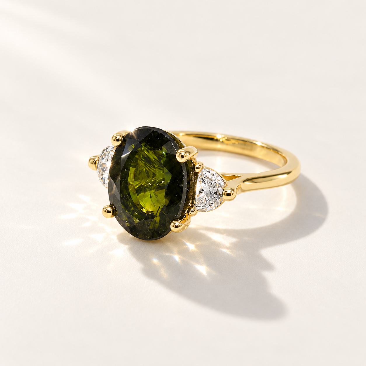 Maeve handmade 14k yellow gold ring with a 4.45ct oval green tourmaline, two half-moon lab-grown diamonds and small diamond accents.