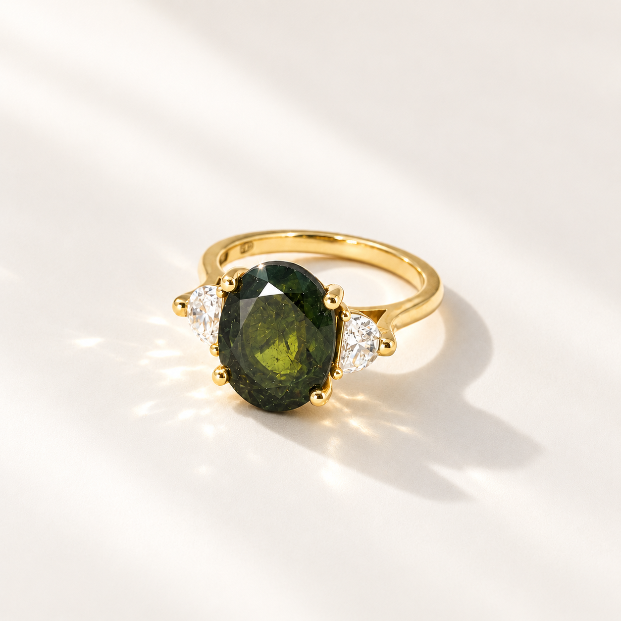 Maeve handmade 14k yellow gold ring with a 4.45ct oval green tourmaline, two half-moon lab-grown diamonds and small diamond accents.