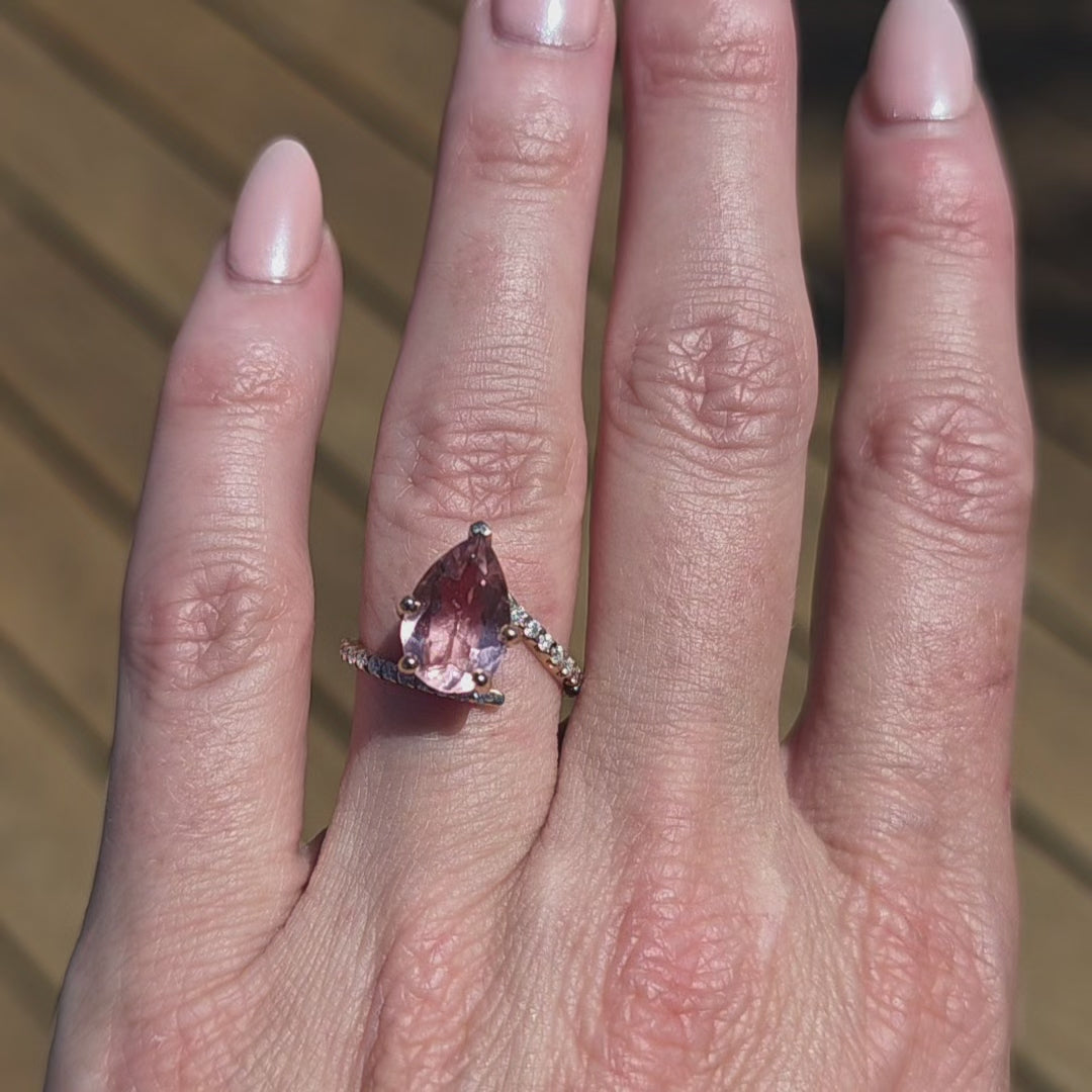 video-pear-shaped-rose-gold-Morganite-moissanite-halo-coctail-statement-ring-unique-bespoke-handmade-vid2