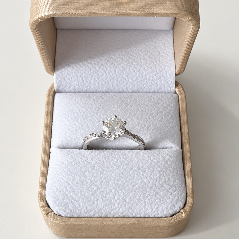 A silver engagement ring with a round-cut moissanite center stone and small side stones, displayed in an open champagne-colored jewelry box with a gold crown emblem.