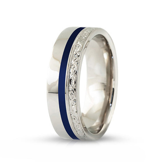 Ceramic blue inlay gold silver mens ring manual handmade engraving wedding anniversary band