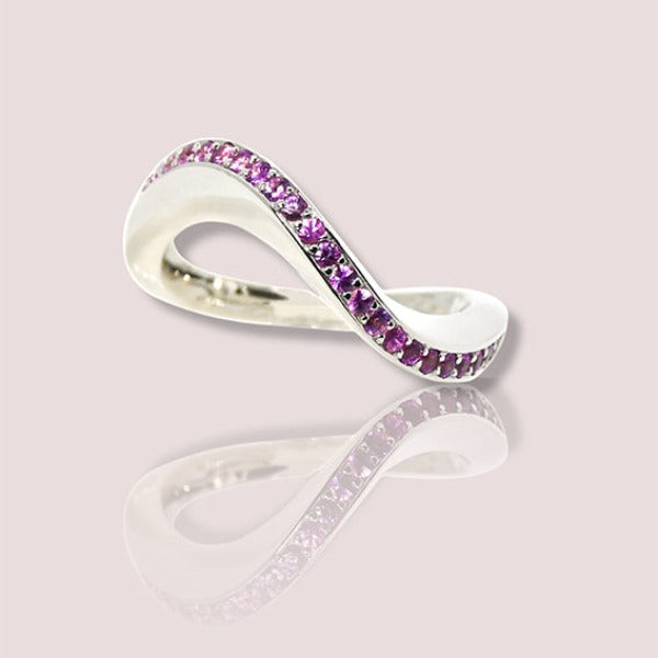 Pink-sapphire-white-gold-wave-style-half-eternity-ring-wedding-coctail-modern-accessory-gift-for-her-handmade-statement-piece