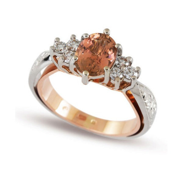 gold-cluster-brilliant-cut-diamond-three-stone-ring-pink-tourmaline-sapphire-cathedral-setting-two-toned-shank-milgrain-moissanite