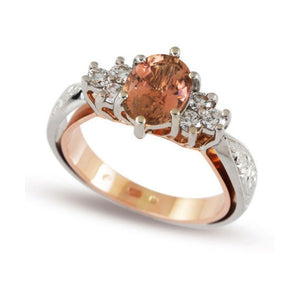 gold-cluster-brilliant-cut-diamond-three-stone-ring-pink-tourmaline-sapphire-cathedral-setting-two-toned-shank-milgrain-moissanite