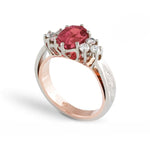 Load image into Gallery viewer, gold-cluster-brilliant-cut-diamond-three-stone-ring-pink-tourmaline-sapphire-cathedral-setting-two-toned-shank-milgrain-moissanite
