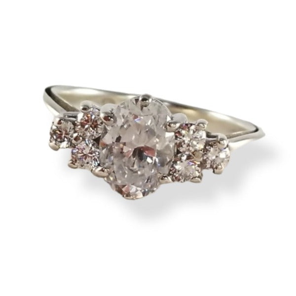 gold-cluster-brilliant-cut-diamond-three-stone-ring-pink-tourmaline-sapphire-cathedral-setting-two-toned-shank-milgrain-moissanite